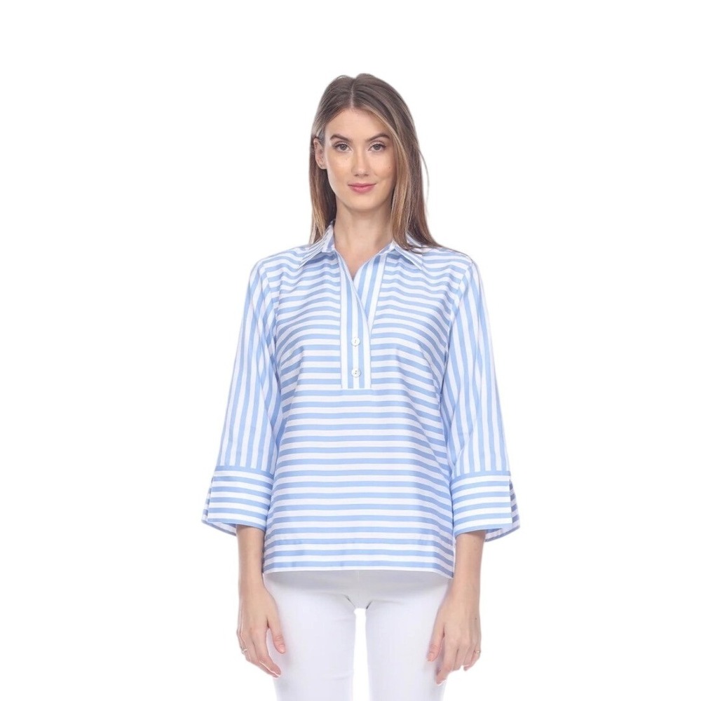 Hinson Wu Aileen 3/4 Sleeve Striped Gingham Blue White Combo Top‎ M